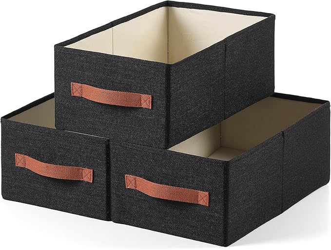 linen closet organizers and storage, 3 Pack Large Storage Baskets, Washable, Clothing Storage Bins with Handle, Closet Organizer for Storage Sweater,Sheets (Black, 16"x9½"x6¾")-Ruum Studio Home