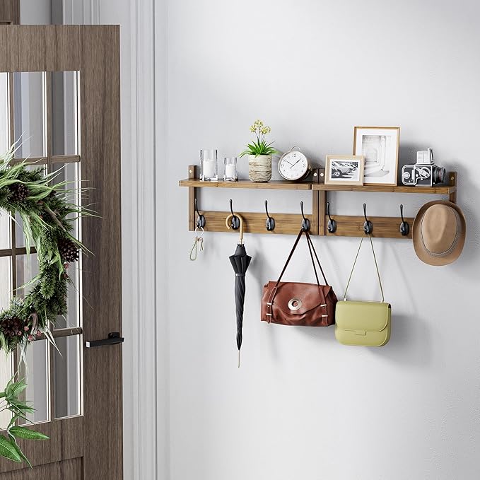 Coat Rack with Shelf Wall Mount, Entryway Bamboo Hanging Shelf, Set of 2, Wall Hook Rail for Hallway Décor, Storage Clothe, Hat, Robe, Key, Dog Leash (Walnut)-Ruum Studio Home