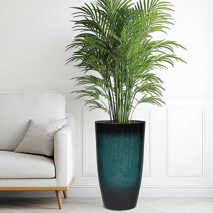 Tall Outdoor Planters, Set of 2 Large Flower Pots for Outdoor Plants, with Gradient Turquoise Finish, Weather-Resistant for Porch, Garden, Patio-Ruum Studio Home