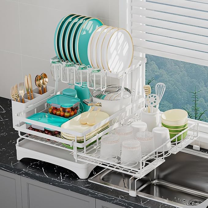 2 Tier Large Dish Drying Rack - Extendable Dish Rack, 2-in-1 Anti-Rust Stainless Steel Dishrack for Kitchen Counter and Sink, Dish Strainer with Utensil Holder & Cup Holder(White)-Ruum Studio Home