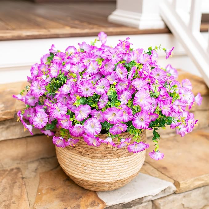 Artificial Flowers for Outdoors Fake Plants Outside Decoration, 12 Bundles Silk Purple Morning Glory UV Resistant Look Real Faux Flowers for Planter Front Door Porch Patio Yard Gardens Home-Ruum Studio Home