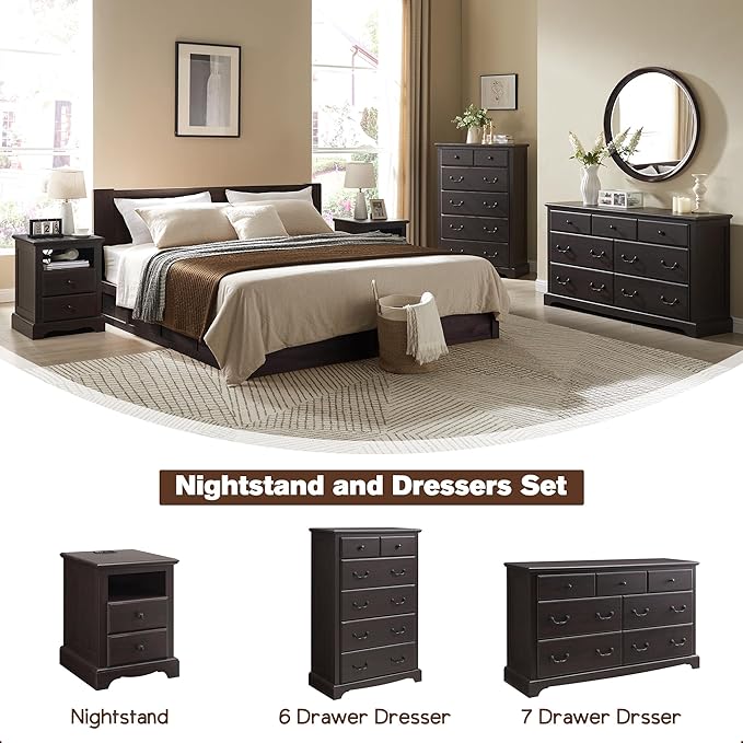 T4TREAM Nightstand with Charging Station, 18 Inch Vintage End Table with 2 Drawers for Living Room, Wood Rustic Sofa Side Table with Open Storage Shelf for Bedroom, Espresso-Ruum Studio Home