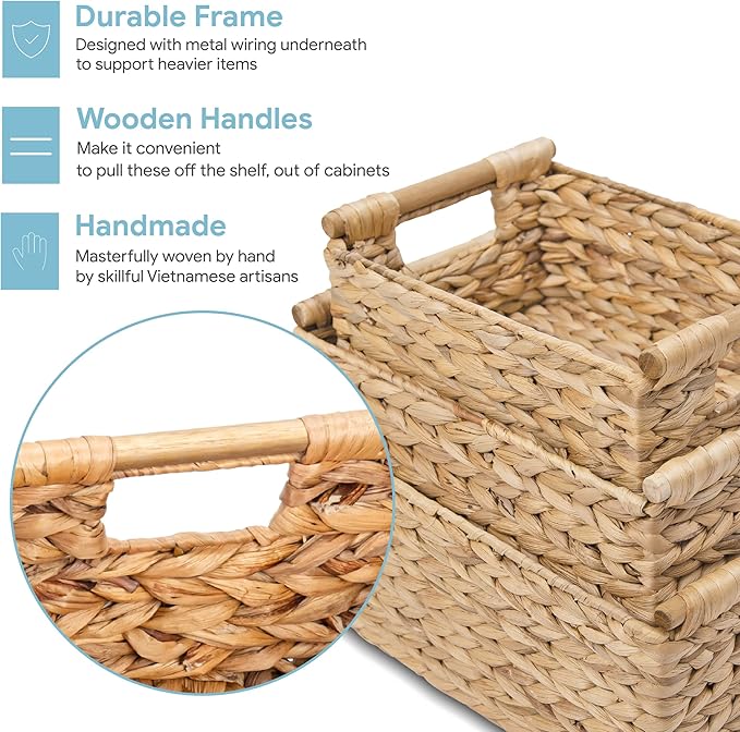 VATIMA Hyacinth Wicker Basket Set 3 size - Rectangular, Wooden Handles, Shelf Organizer, Natural Bins-Ruum Studio Home