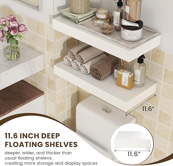 Deep Floating Shelves, 24''W x 12''D Floating Shelves White Set of 2, 12 Inch Deep Large Wood Shelves for Books Living Room Bathroom Laundry Room Bedroom Kitchen Home Office - White-Ruum Studio Home