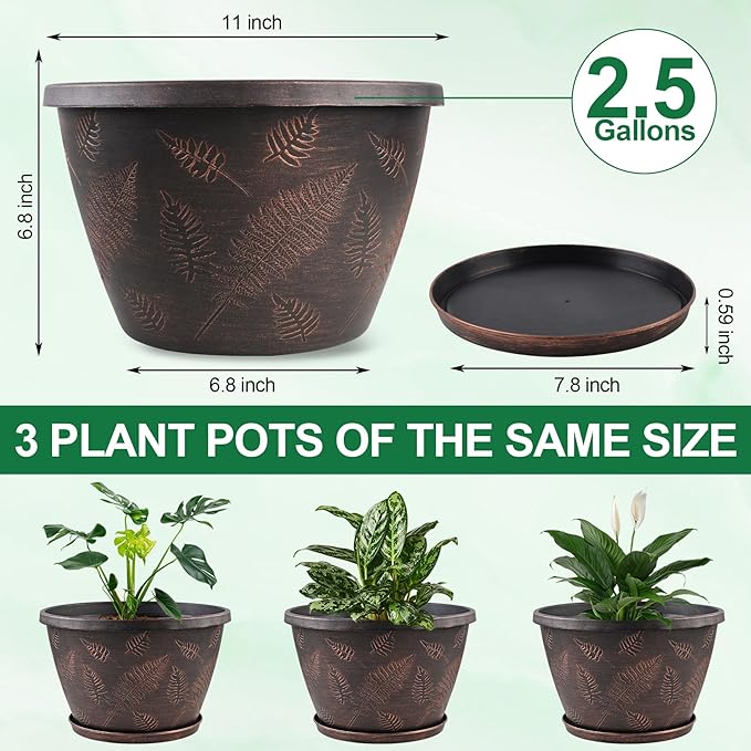 11 inch Plant Pot, 3 Pack Large Pots for Plants, Flower Pots with Drainage Hole & Saucer, Modern Planters for Indoor Outdoor Plants, Decorative Plastic Garden Pots (Copper)-Ruum Studio Home