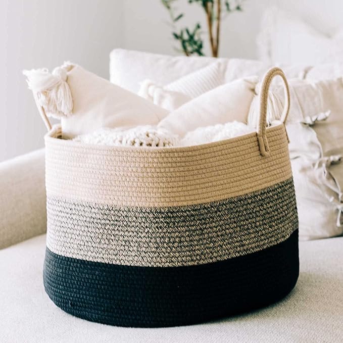 OrganiHaus Woven Laundry Basket, Large Cotton Rope Blanket Holder with Handles, Soft & Sturdy Nursery Hamper, Decorative Toy Bin for Living Room Organization 20x13 inches - Brown/Black-Ruum Studio Home