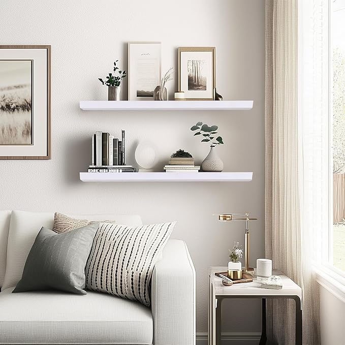24"x6.8"x1.2" Solid Wood Floating Shelves 2-Pack - Rustic White Finish with Hidden Brackets, Perfect for Storage and Décor in Living Room, Kitchen, Bedroom-Ruum Studio Home