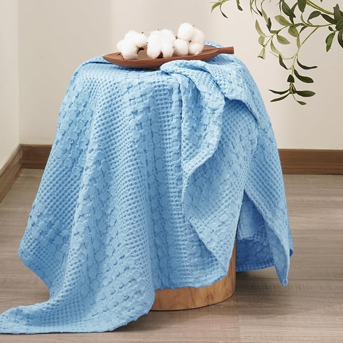 PHF 100% Cotton Waffle Weave Throw Blanket, Soft Lightweight Breathable Cozy Summer Throws for Couch Bed Sofa, Luxury Aesthetic Woven Blanket for Home Decor & Office, 50"x60", Sky Blue-Ruum Studio Home