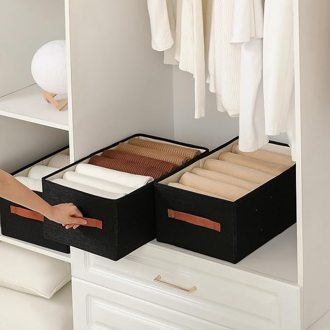 linen closet organizers and storage, 3 Pack Large Storage Baskets, Washable, Clothing Storage Bins with Handle, Closet Organizer for Storage Sweater,Sheets (Black, 18½"x11"x8½")-Ruum Studio Home