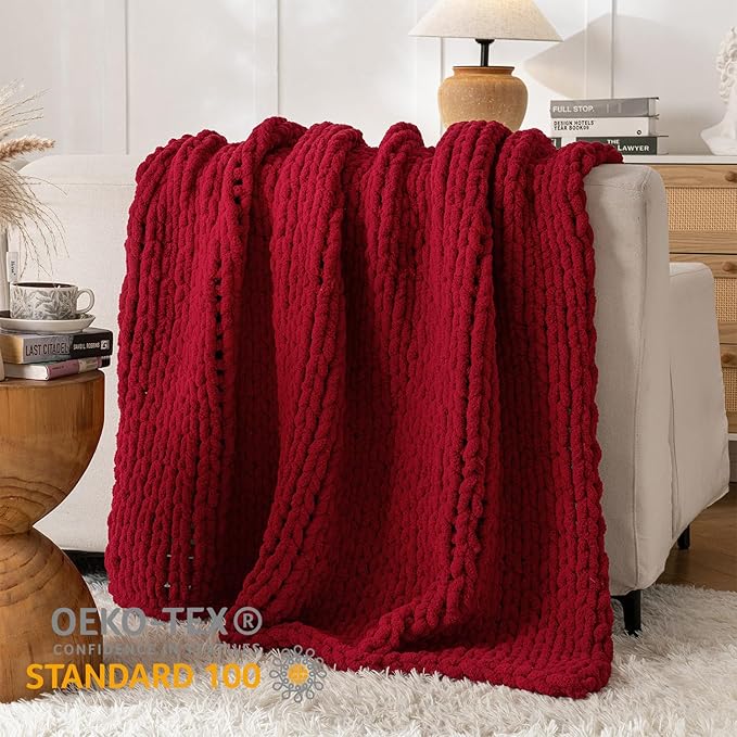 Chunky Knit Blanket Throw, 100% Hand Knit Throw Blanket Handmade Chenille Cable Knit Throw for Couch, Stylish Cozy Soft Rope Knot Crochet Blanket for Home Decor, Red, 50x60 Inches-Ruum Studio Home