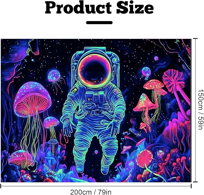 BVBOX Astronaut Space Blacklight Tapestry 79"x59", UV Reactive Astronaut Mushroom Forest Universe Galaxy Planet Glow in Dark Tapestries, Black Light Neon Upright Poster Wall Hanging Backdrop Decor for Bedroom Living Room-Ruum Studio Home