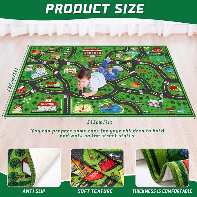 Kids Carpet Playmat Rug 5 x 7 ft Player Car Rug, City Life Traffic Road Map Mat Educational Game Area Mat for Toddler Children Playroom Classroom Bedroom(Green)-Ruum Studio Home