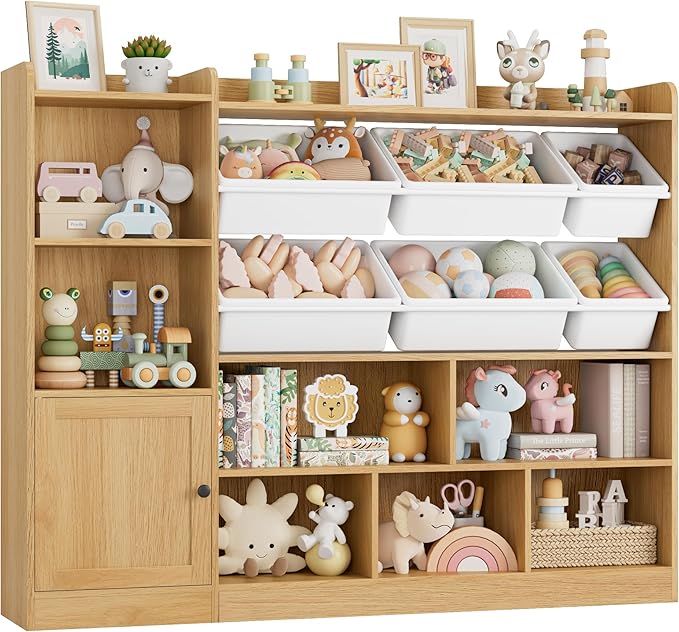 Toy Storage Organizer, 55” Wide Toy Organizers and Storage with 8 Storage Cubbies & 6 Toy Bins, Large Toy Box with Bookshelf, Playroom Storage for Playroom, Oak-Ruum Studio Home
