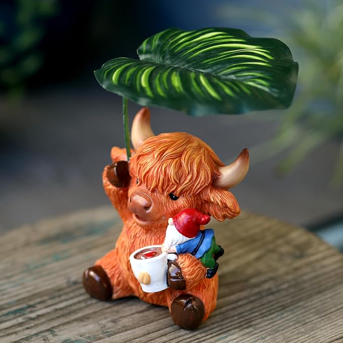 Garden Gnome with Highland Cattle 6.5“ Figurine Ornament for Indoor Outdoor Home Patio Yard Lawn, Red Hat, Blue Outfit, Indoor Outdoor Decorative Statue-Ruum Studio Home