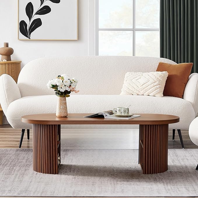 Oval Fluted Coffee Table, 47" Farmhouse Wood Coffee Table Mid Century Modern Center Table Boho Living Room Tables for Living Room Office,Walnut-Ruum Studio Home