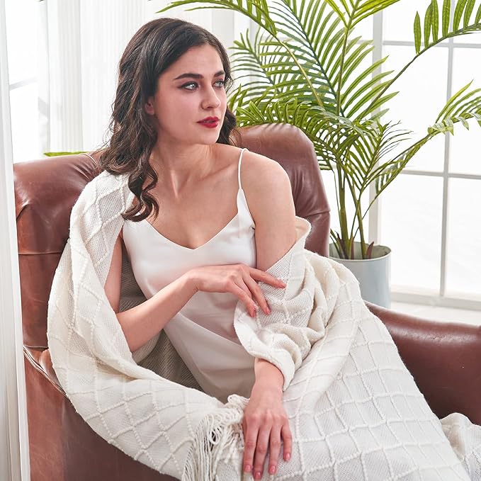 inhand Knitted Throw Blankets for Couch and Bed, Soft Cozy Knit Blanket with Tassel, Off White Lightweight Decorative Blankets and Throws, Farmhouse Warm Woven Blanket for Men and Women, 60"x80"-Ruum Studio Home