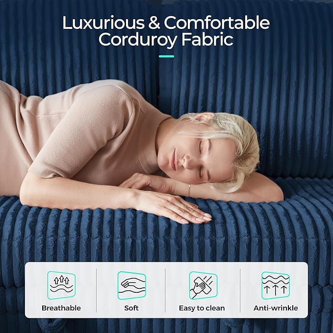 LINSY HOME Sectional Sleeper Sofa with Pull Out Couch Bed - Convertible Plush Corduroy Cloud Couch with Storage Chaise & USB Charging, Comfy L Shaped Modular Couches for Living Room Apartment, Blue-Ruum Studio Home