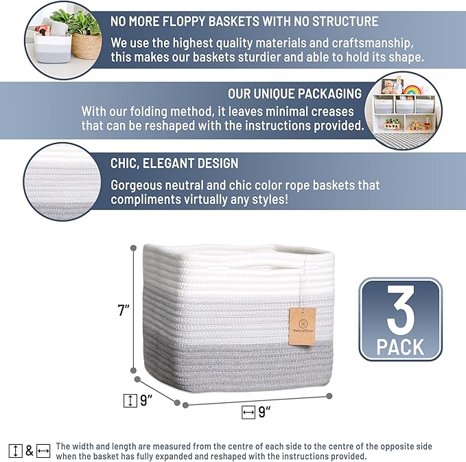 NaturalCozy Storage Cubes 9”x9”x7”Cotton Rope Woven Baskets for Organizing 3-Pack | 9 Inch Cube Storage Bin | Small Basket for Shelf Nursery, Pantry, Decorative Plant, Bathroom Closet, Toy Gift-Ruum Studio Home