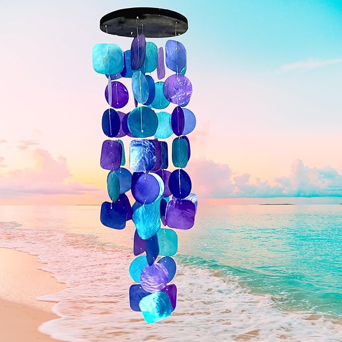Bellaa 20414 Wind Chimes Outdoor, Garden Decorations, Musical, Indoor/Outside Windchimes, Beach, Ocean Breeze, Gifts for Mom, Gift for All Occasions, Capiz Sea Glass Shells Wood Purple 27 inch-Ruum Studio Home