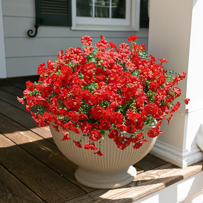 Artificial Flowers for Outdoors Fake Plants Outside Decoration, 12 Bundles Silk Red Morning Glory UV Resistant Look Real Faux Flowers for Planter Front Door Porch Patio Yard Gardens Balcony-Ruum Studio Home