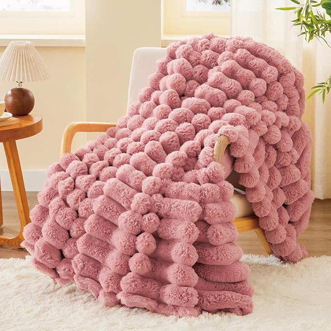 BEDELITE Faux Fur Throw Blanket for Couch, Soft and Cozy Luxurious 3D Striped Pink Fluffy Blanket, 770GSM Thick Warm Plush Fuzzy Faux Rabbit Fur Blanket for Women Gift, 50"x 60"-Ruum Studio Home