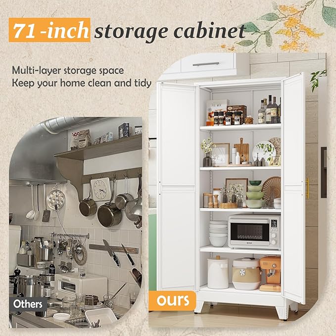 White Pantry Storage Cabinet,71" Kitchen Pantry with Doors and 4 Adjustable Shelves, Metal Storage Cabinet, for Office, Home, Garage, School-Ruum Studio Home