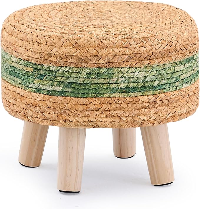 Handwoven Round Ottoman, Natural Water Hyacinth Outdoor Patio Pouf Seagrass Low Stool with Wood Legs, Soft Padded Footrest for Living Room Bedroom Garden, Green-Ruum Studio Home