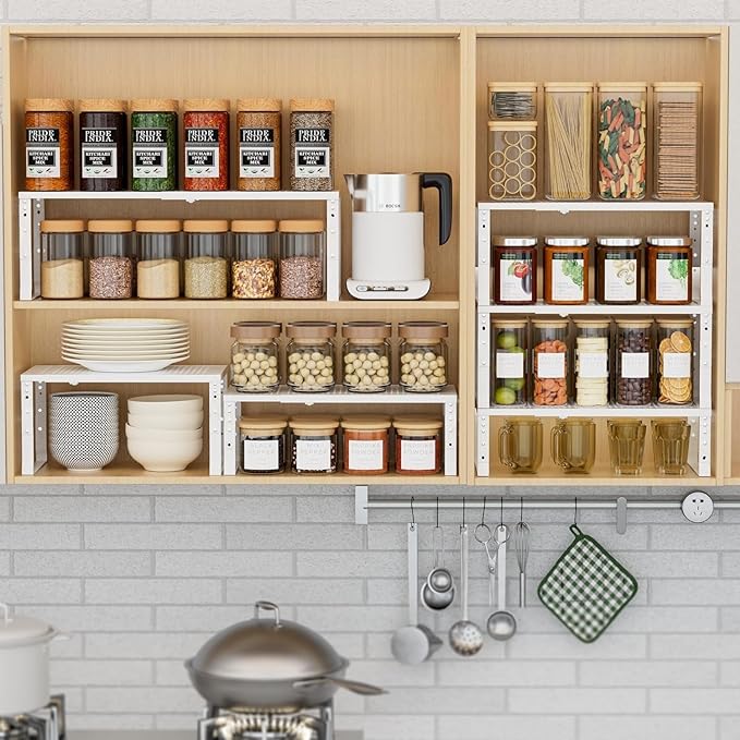 Expandable Spice Rack Kitchen Cabinet Shelf Organizer, Stackable Storage Shelves Racks, Adjustable Counter Shelving for Cabinets, Countertop, Cupboard,Pantry and More(3Packs/White/Medium)-Ruum Studio Home