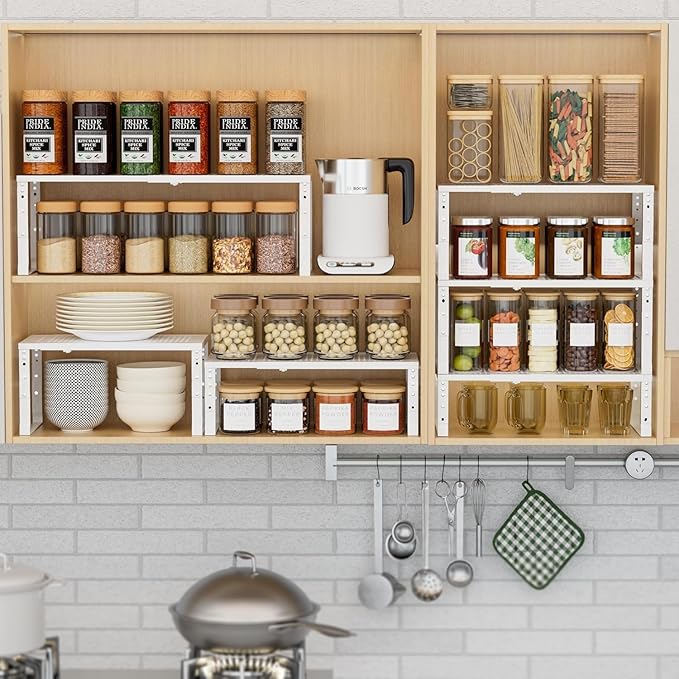 Expandable Spice Rack Kitchen Cabinet Shelf Organizer, Stackable Storage Shelves Racks, Adjustable Counter Shelving for Cabinets, Countertop, Cupboard,Pantry and More(1Pack/White/Medium)-Ruum Studio Home