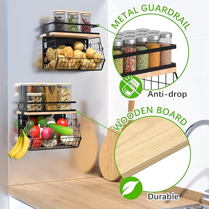 Magnetic Spice Rack for Refrigerator, Fruit, Potato & Onion Storage Bin,Large Capacity Magnetic Shelves for Side of Refrigerator, Kitchen Organizers and Storage Countertop,1 Pack Black-Ruum Studio Home