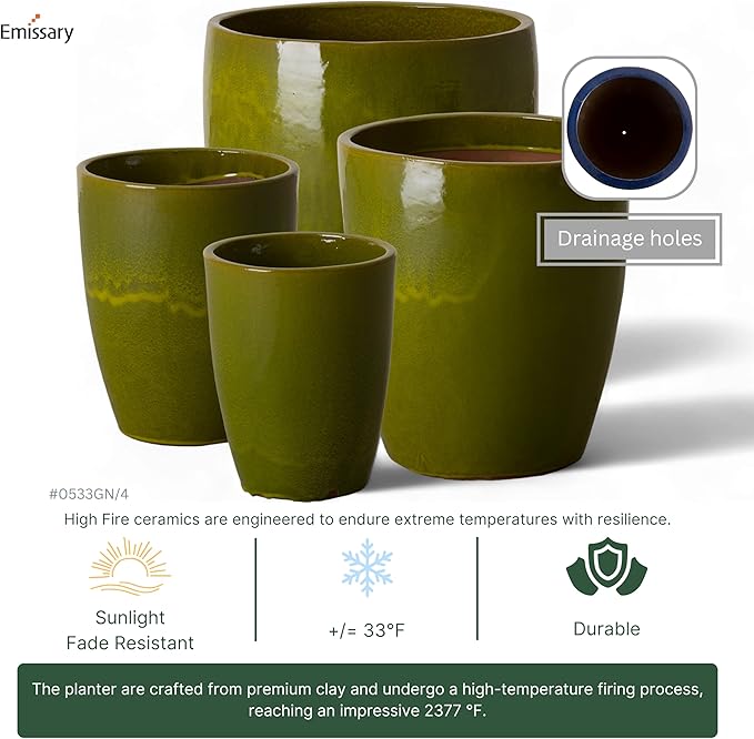 Emissary Home and Garden Bullet 11.5 in. Green Ceramic Round Planter (11.5 in. L x 11.5 in. W x 14 in. H) with Drainage Hole-Ruum Studio Home