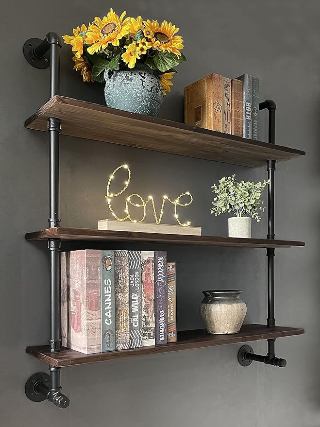 Industrial Pipe Wall Shelves with Real Wood Plank ,36 Inches Floating Shelves for Wall Farmhouse Book Shelves Dark Brown 3 Tier for Kitchen,Living Room Decor and Bar Shelving-Ruum Studio Home