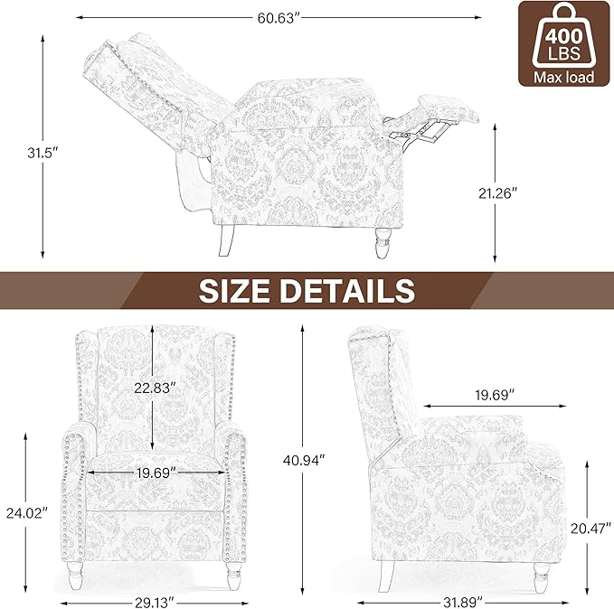 UIXE Floral Pushback Recliner Chair, Fabric Upholstered Armchair Push Back Accent Chair for Living Room, Rivet Trim Club Chair Home Theater Single Sofa Reading Seat - Bird-Ruum Studio Home