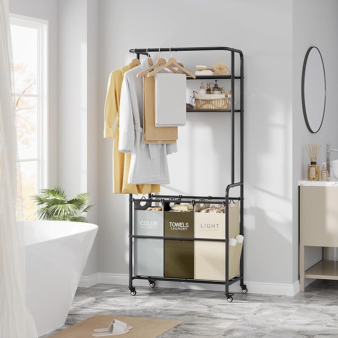 Laundry Sorter 3 Section,Laundry Hamper Cart with Hanging Rack & Removable Bags,Heavy Duty Laundry Basket Organizer with Wheels & 2 Tier Shelf,3 Colors-Ruum Studio Home