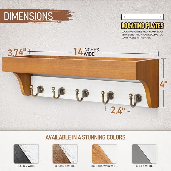 Rebee Vision Key and Mail Holder for Wall with Shelf - Farmhouse House Decor with 5 Rustic Keys Hooks and Decorative Mail Organizer Wall Mount - Decorative Apartment Essentials (Light Brown & White)-Ruum Studio Home