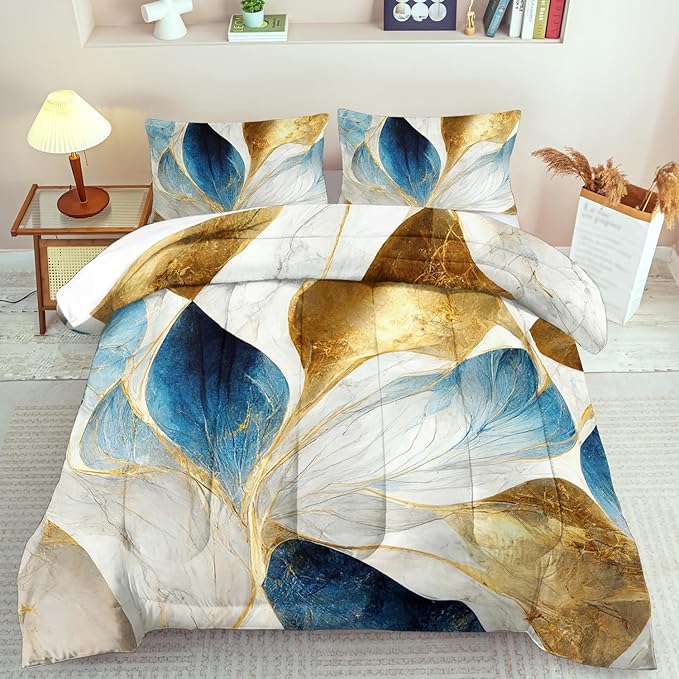 Vintage Floral Comforter Set King Size Women,Marble Flower Bedding Set King,Marble Blue Flower Bed Comforter,Blue and Gold Floral Quilt Bedroom Decor for Kids and Adults-Ruum Studio Home