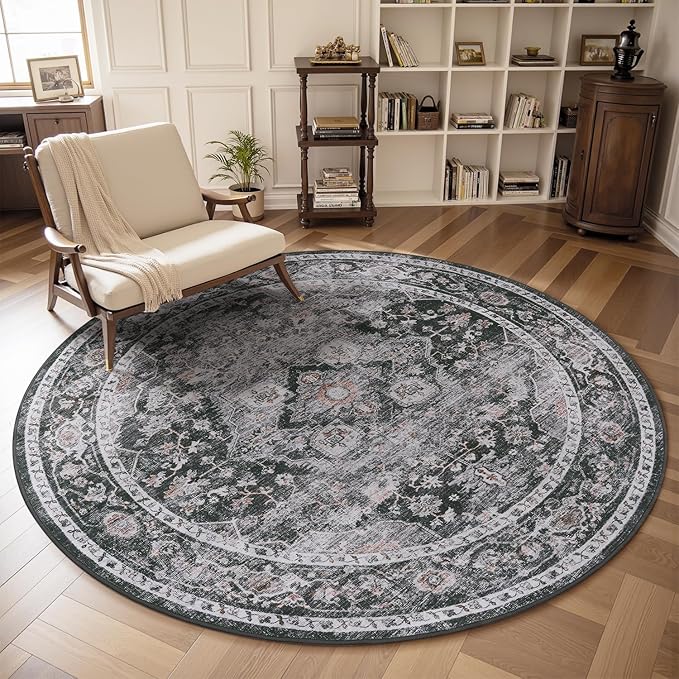 AMOAMI-6FT Round Rug-Rugs for Living Room-Vintage Soft Black Rugs for Bedroom-Non Slip Circle Rug-Machine Washable Rug for Dining Room Living Room Bedroom Office Under Table Dark Grey & Black-Ruum Studio Home