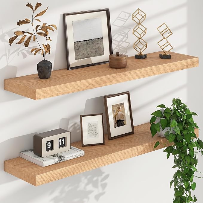 Floating Shelves for Wall, USA-Sourced Oak Wood 36 Inch Long Wall Shelves Set of 2, Natural Wooden Wall Mounted Picture Ledge Shelf, Nursery Book Storage Shelf Kids Bookshelf, Display Shelf-Ruum Studio Home