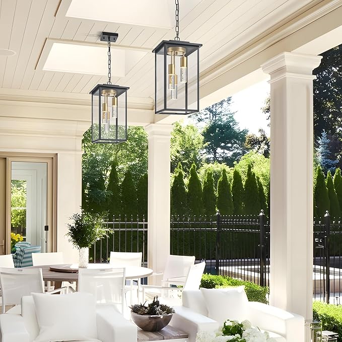 3-Color LED Outdoor Pendant Light with Remote, 3-Light 19" Large Outdoor Chandelier for Porch, Black Gold Exterior Pendant Lighting Fixtures Ceiling Mount Pendant Lantern for Patio Front Door-Ruum Studio Home