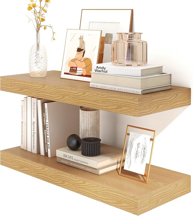 12 Inch Deep Floating Shelves | 30W x 12D Rustic Floating Shelves for Wall Set of 2 | Oak Shelves for Living Room Bathroom Laundry Room Bedroom Kitchen Home Office - Oak-Ruum Studio Home