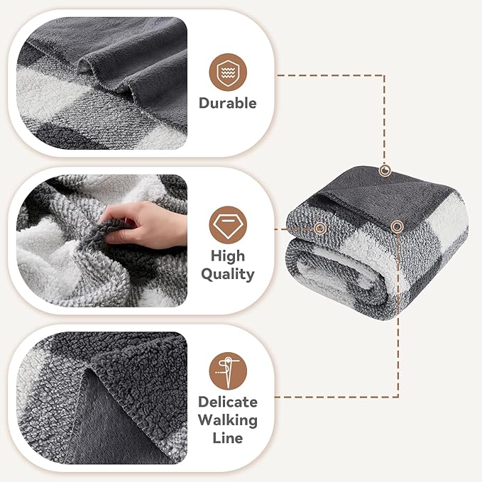 LURKA Checkered Sherpa Fleece Queen-Size Bed Blanket - Extra Thick and Warm Winter Soft Fuzzy Plush Blanket for Couches, Beds & Pets, Smoke Grey, 90x90 Inches-Ruum Studio Home