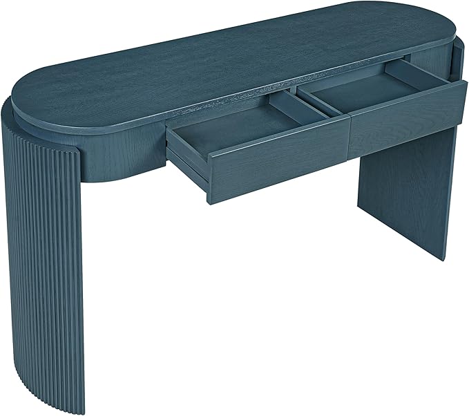 55" Sofa Table with Oval Top and 2 Drawers, Entryway Console Table with Fluted Design for Hallway,Foyer,Entry and Living Room (Fully Assembled-Navy)-Ruum Studio Home
