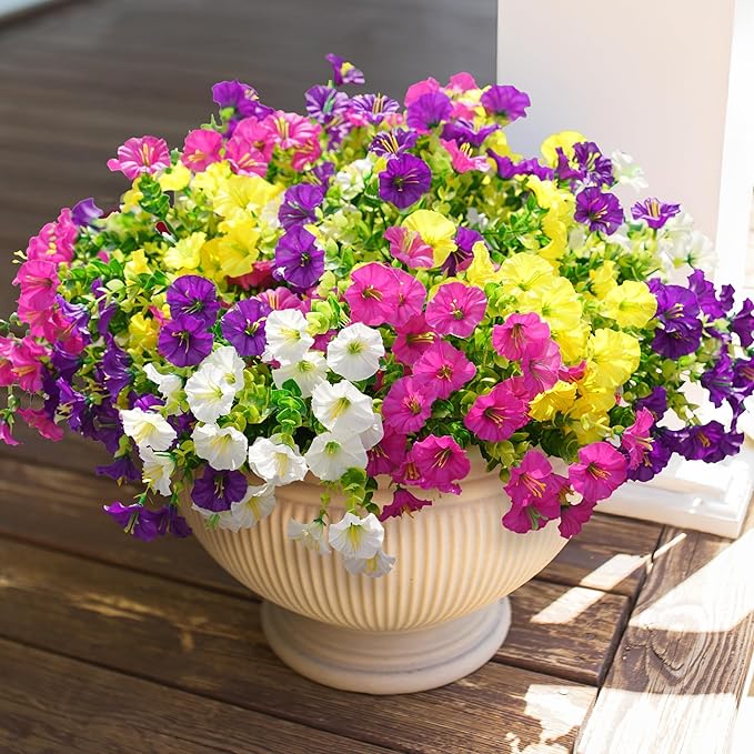 Artificial Flowers for Outdoors Fake Plants Outside Decoration, 12 Bundles Silk Colorful Morning Glory with Eucalyptus UV Resistant Realistic Faux Flowers for Planter Front Door Garden Yard-Ruum Studio Home