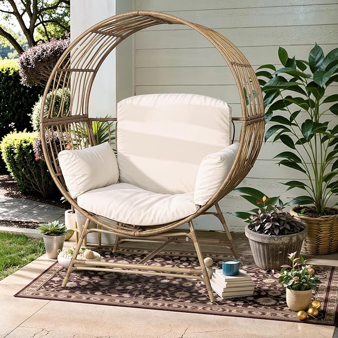 Egg Chair Outdoor Indoor, Oversized Rattan Chair with Thicken Cushion, 350LBS Capacity Wicker Patio Lounge Chair, Basket Chair for Living Room Balcony Porch Backyard, Beige-Ruum Studio Home