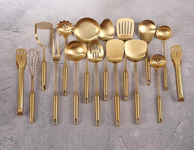 Gold Cooking Utensils Set - 18/10 Stainless Steel Large and Small Spoons Set, 16 PCS All Metal Kitchen Tools, Serving Utensils - Whisk, Masher, Fork, Tongs, Spatula, Ladle, Skimmer, Turner, Pasta-Ruum Studio Home