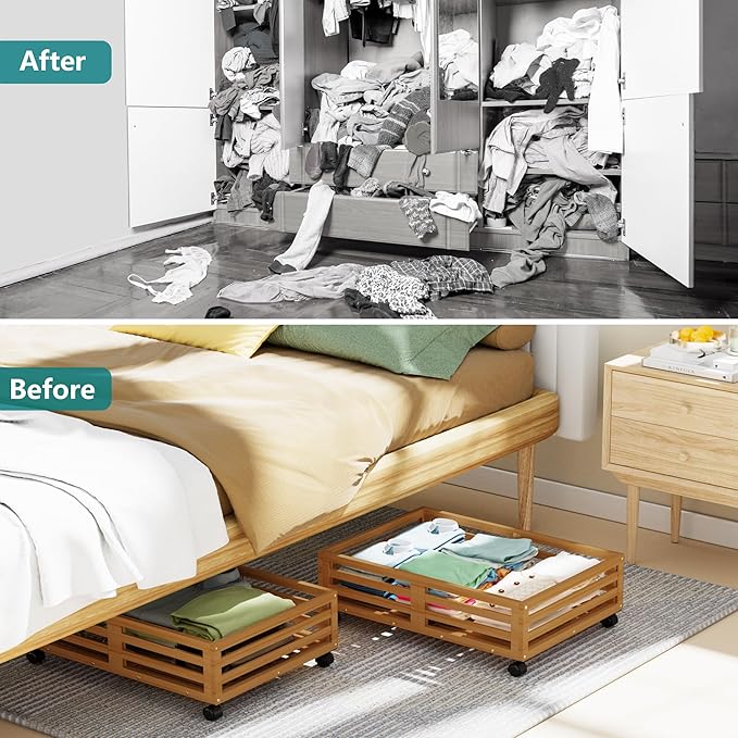 Bamboo Under Bed Storage Containers- Underbed Organizer with Wheels with Large Dust Bag,Sturdy Wood Rolling Under the Bed Shoe Storage Organizer Drawer 2 Packs (Walnut, Small)-Ruum Studio Home