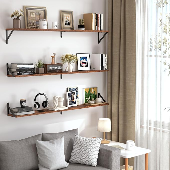 Heimlove 48 Inch Large Wall Bookshelves Set of 3, Wall Mounted Bookshelves,Heavy Duty Wooden Shelves for Living Room,Bedroom,Kitchen,Laundry Room Storage & Decor-Ruum Studio Home