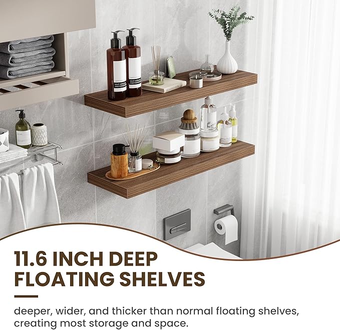 36 Inch Floating Shelves, 12 Inch Deep Floating Shelves for Wall, Floating Shelf with Invisible Brackets, Deep Shelves for Bathroom, Bedroom, Living Room, 2 Pack, Walnut-Ruum Studio Home