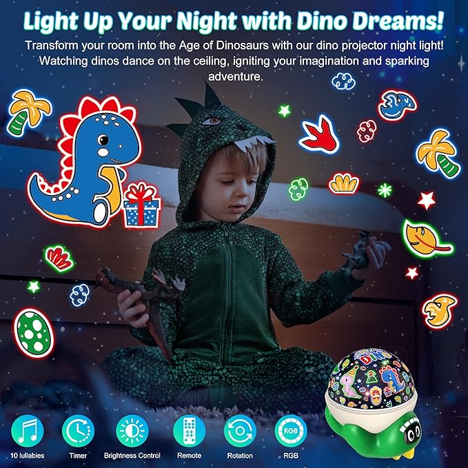Dinosaur Night Light Projector for Kids Green Dino Toys for Boys, Star Night Lights with Music and Timer, 17 Mode Color Changing Lamp with Remote, Christmas Birthday Gift for Baby Girl Boy-Ruum Studio Home
