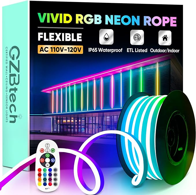 GZBtech RGB LED Neon Rope Lights 16.4FT/5M, AC 110-120V Waterproof Color Changing LED Rope with Remote Controller, Dimmable Multi Color Neon Rope Lighting for Indoor Outdoor Commercial Use-Ruum Studio Home